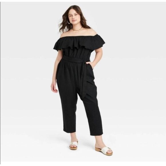 Ava & Viv Pants - Ava & Viv Women's Plus Size Ruffle Short Sleeve Jumpsuit Black Boho